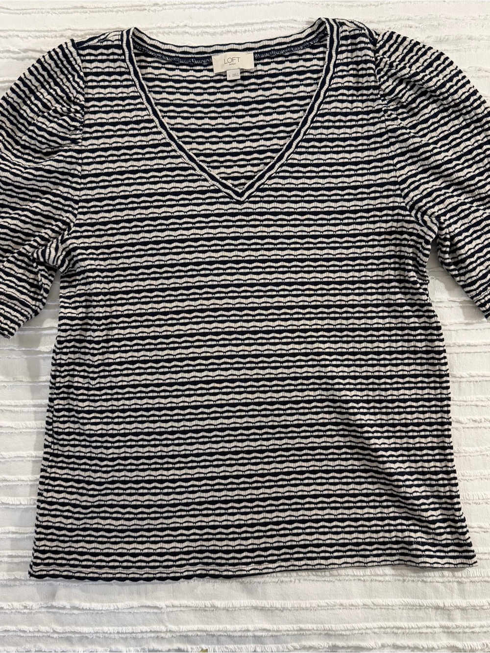 LOFT Women's Navy and Cream Striped V-Neck Top